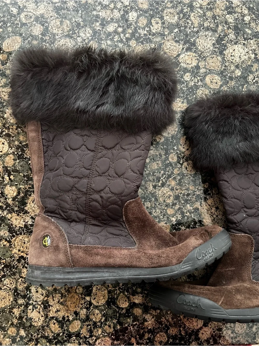 Coach Brown Quilted Suede Fur-Trim Boots